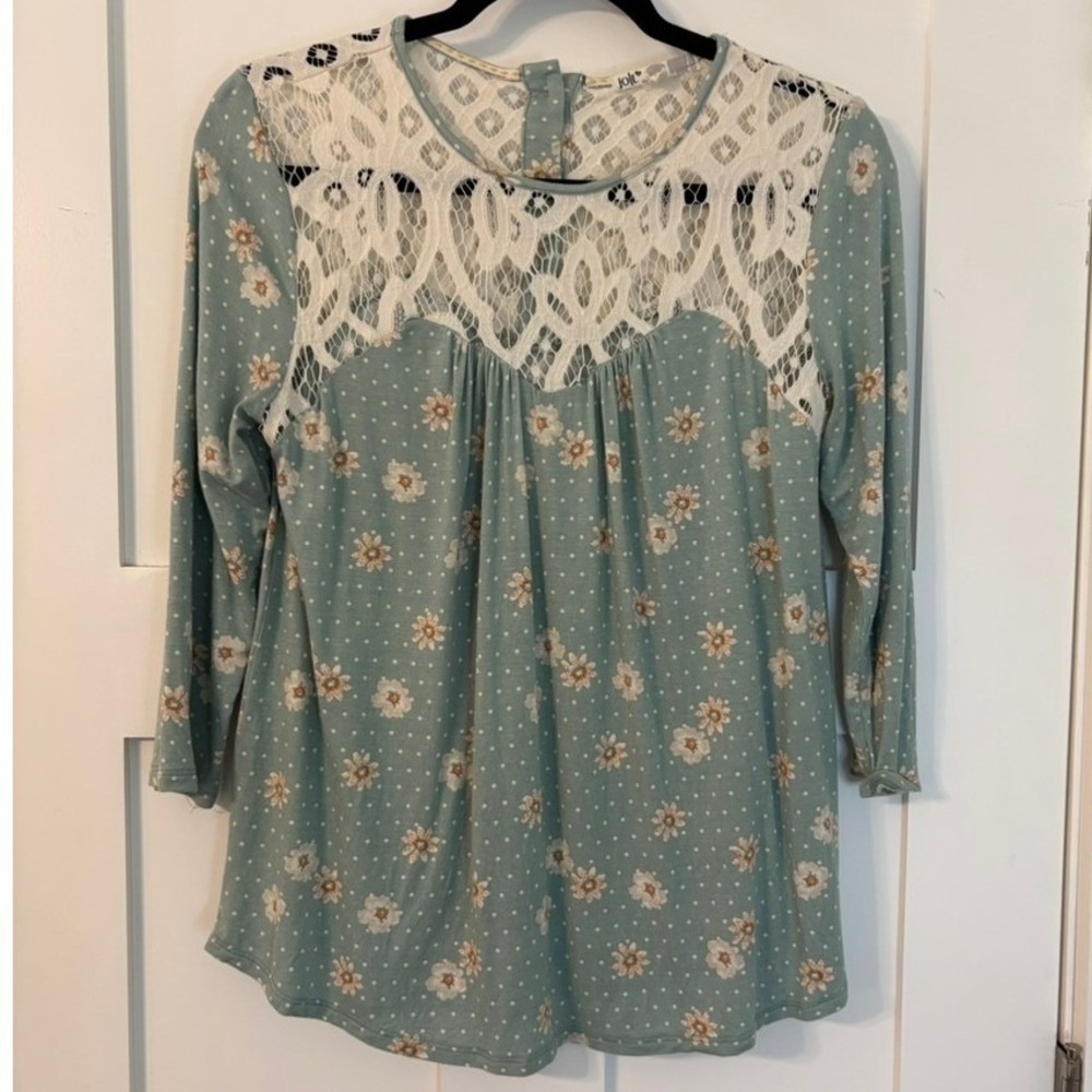 Jolt Womens Floral Polka Dot Lace Yoke Top Sage Green L Cottagecore Boho‎ Chic